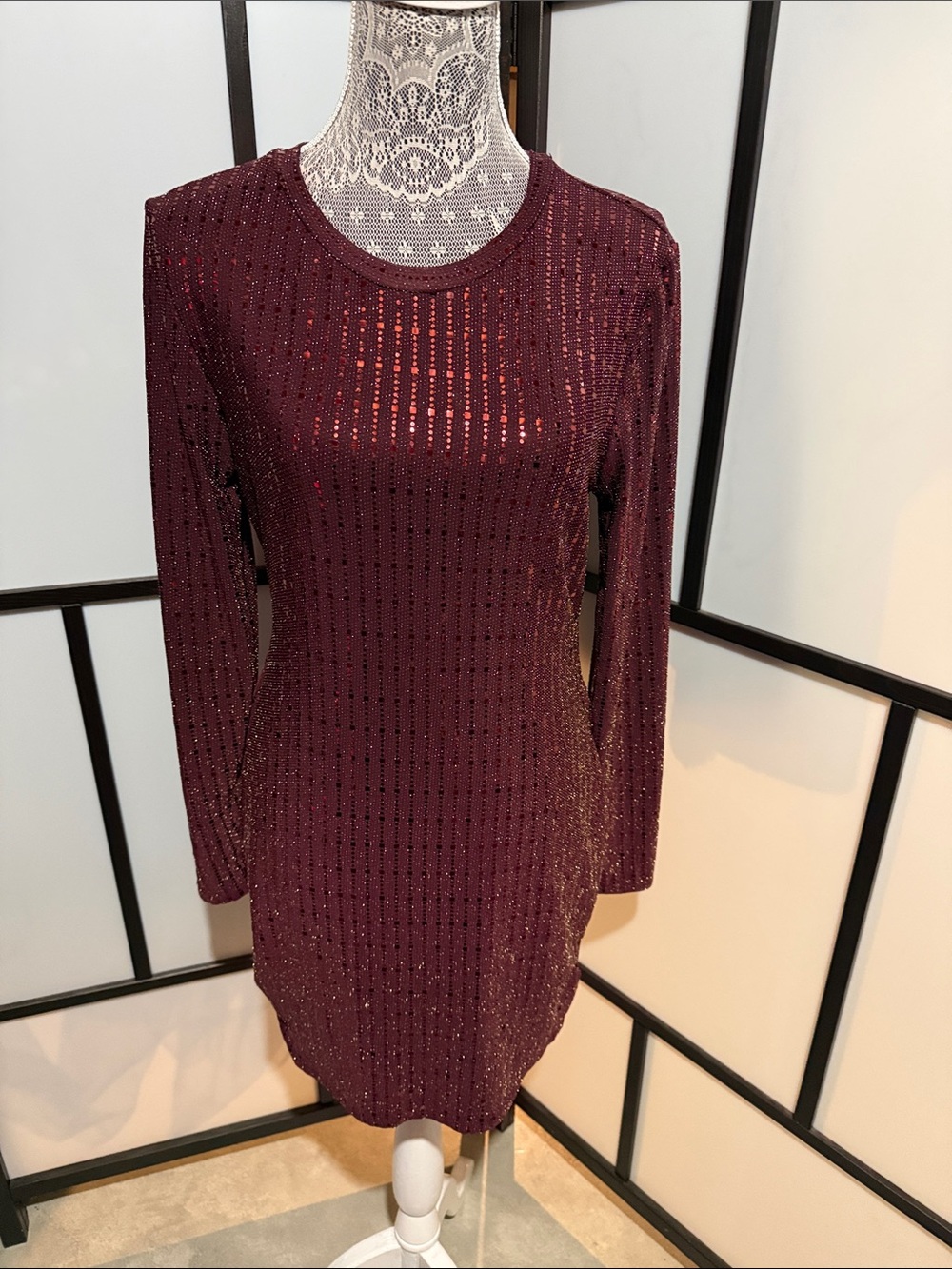 B Darlin Long Sleeve Sequin Ribbed Dress - Wine